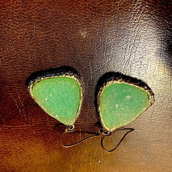 Green Druzy Earrings with Gold Trim - Picture 7 of 9
